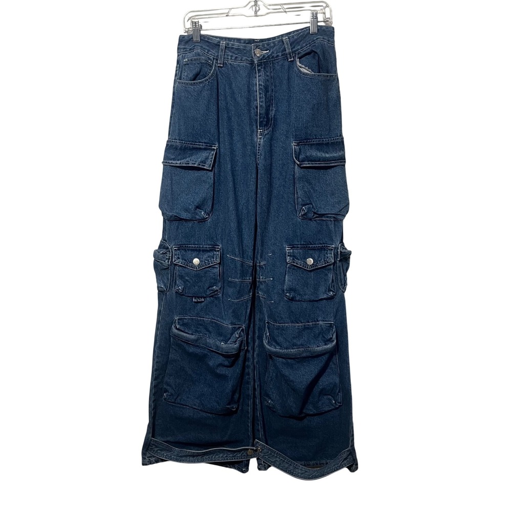 Forever 21 Cargo Jeans‎ Women Blue Utility Baggy Wide Leg Multi Pocket Size L